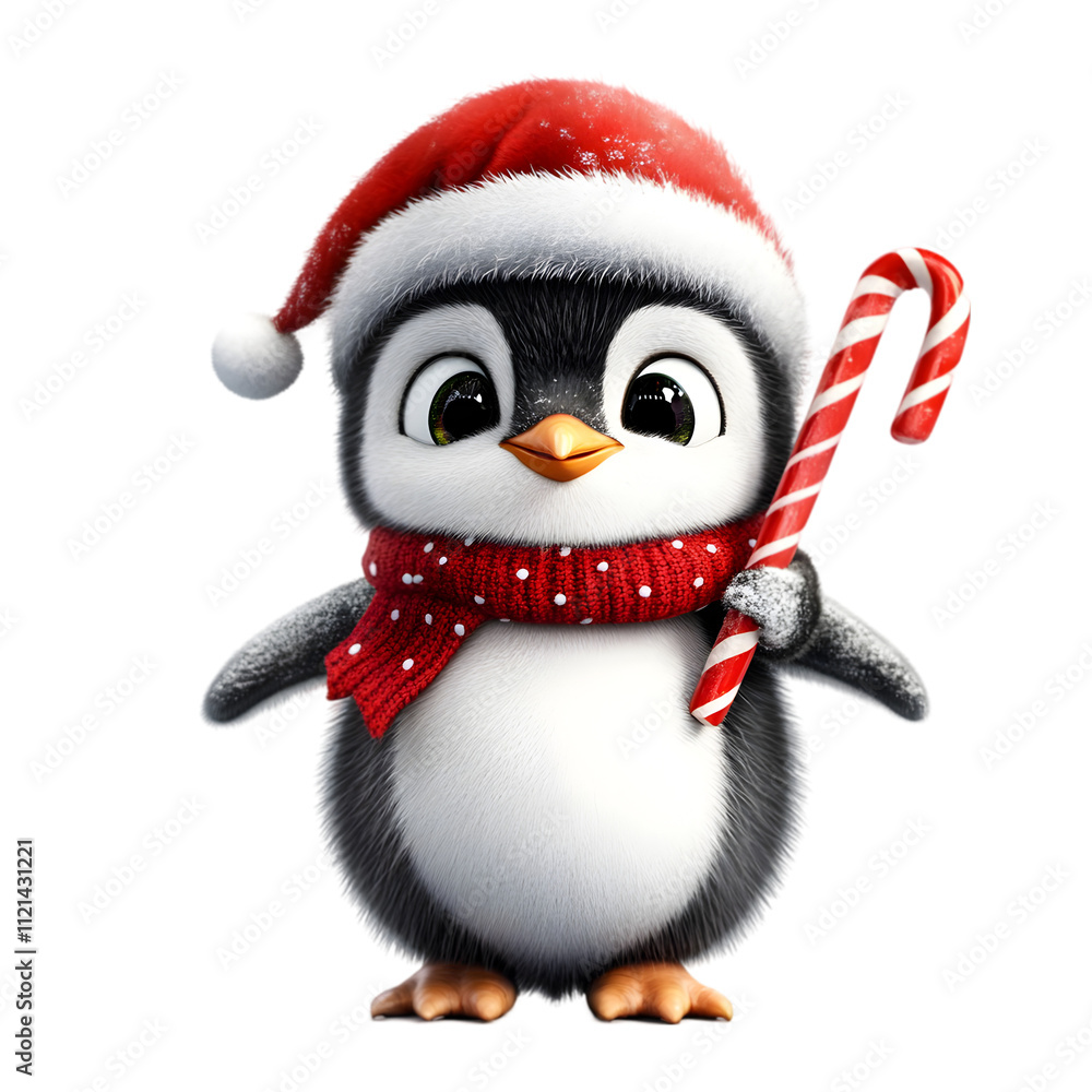 A cute penguin wearing a red Santa hat and holding a candy cane, isolated on transparent background A cute penguin wearing a red Santa hat and holding a candy cane, isolated on transparent background