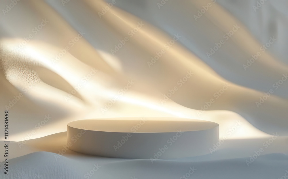 White cylindrical podium on flowing fabric. White cylindrical podium on flowing fabric.