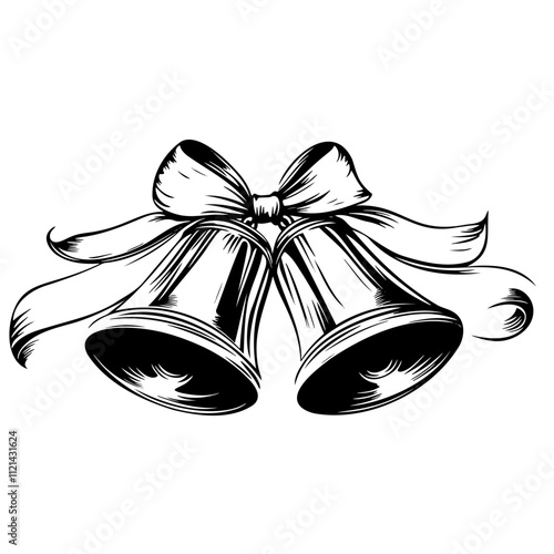 Pair of decorative bells tied with a ribbon, black and white illustration with elegant and festive design.