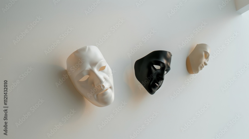 Three expressive masks, each unique, hang against a plain wall, reflecting themes of identity and transformation. Three expressive masks, each unique, hang against a plain wall, reflecting themes of identity and transformation.