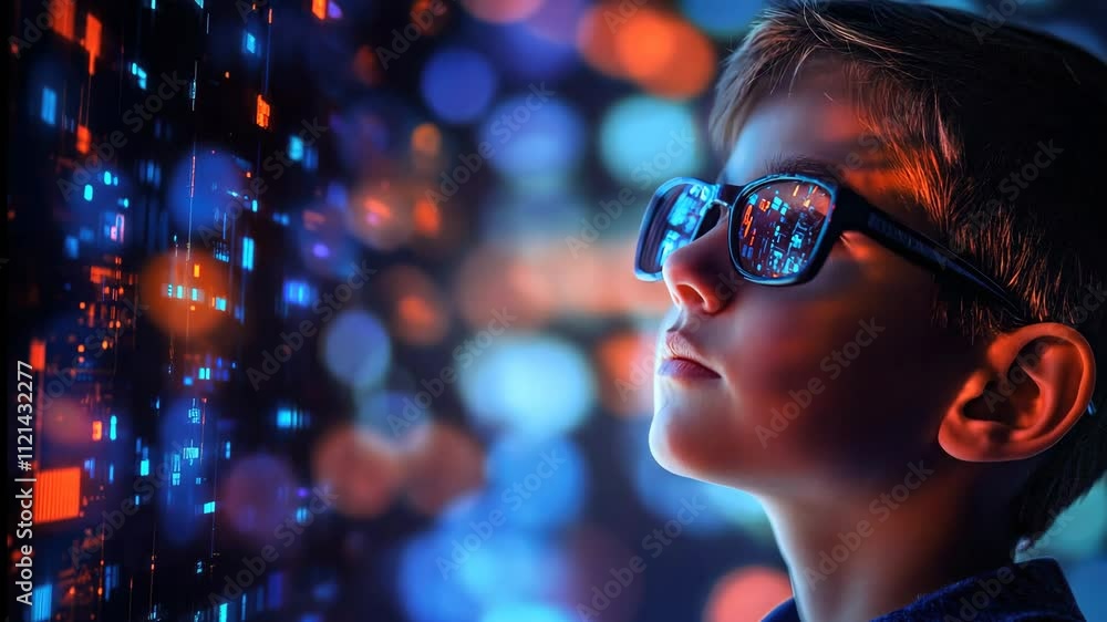 A curious child gazes in wonder at vibrant lights and abstract patterns in a captivating digital environment, sparking imagination and creativity A curious child gazes in wonder at vibrant lights and abstract patterns in a captivating digital environment, sparking imagination and creativity