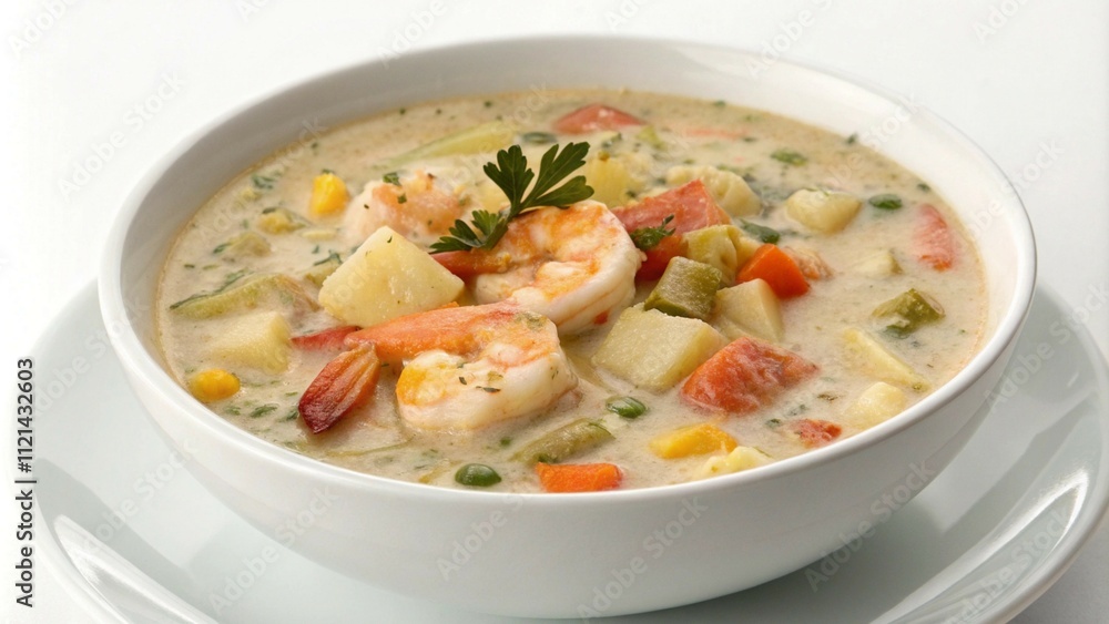 Seafood chowder in a white bowl, creamy and hearty, viewed from above. Seafood chowder in a white bowl, creamy and hearty, viewed from above.