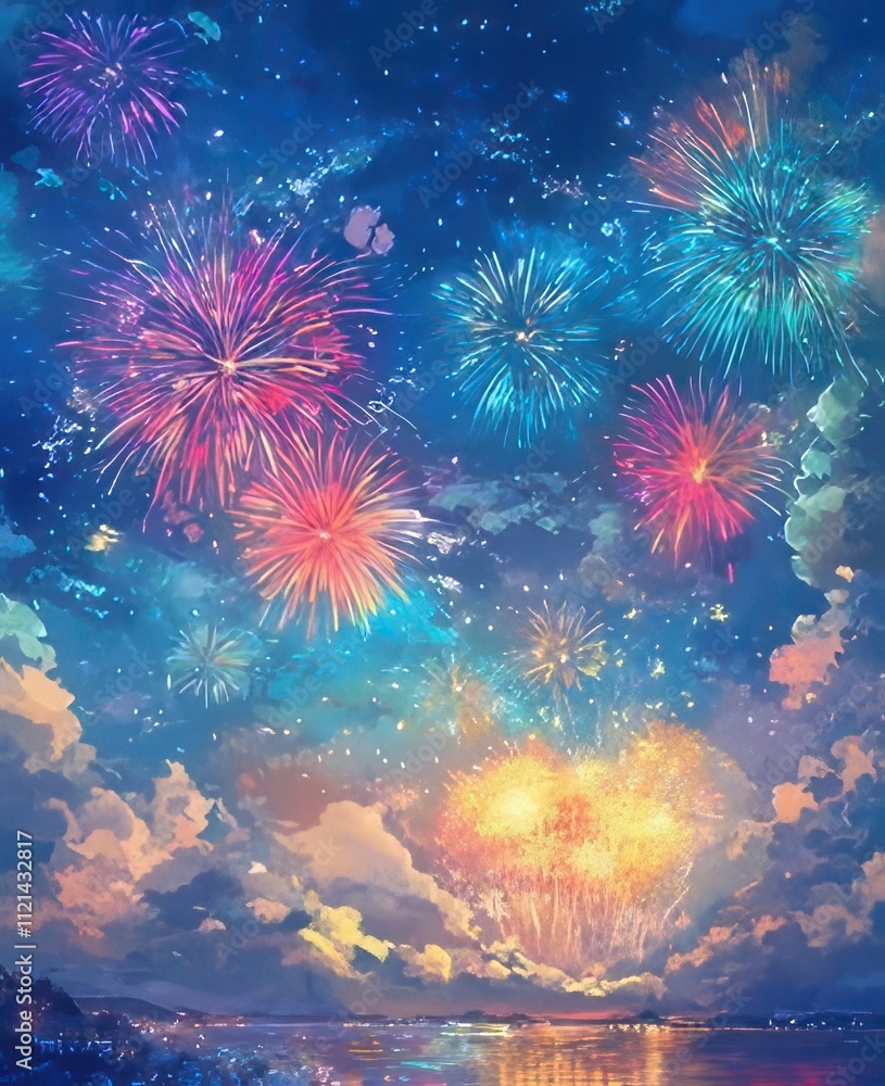 Vibrant fireworks display over water at night. Vibrant fireworks display over water at night.