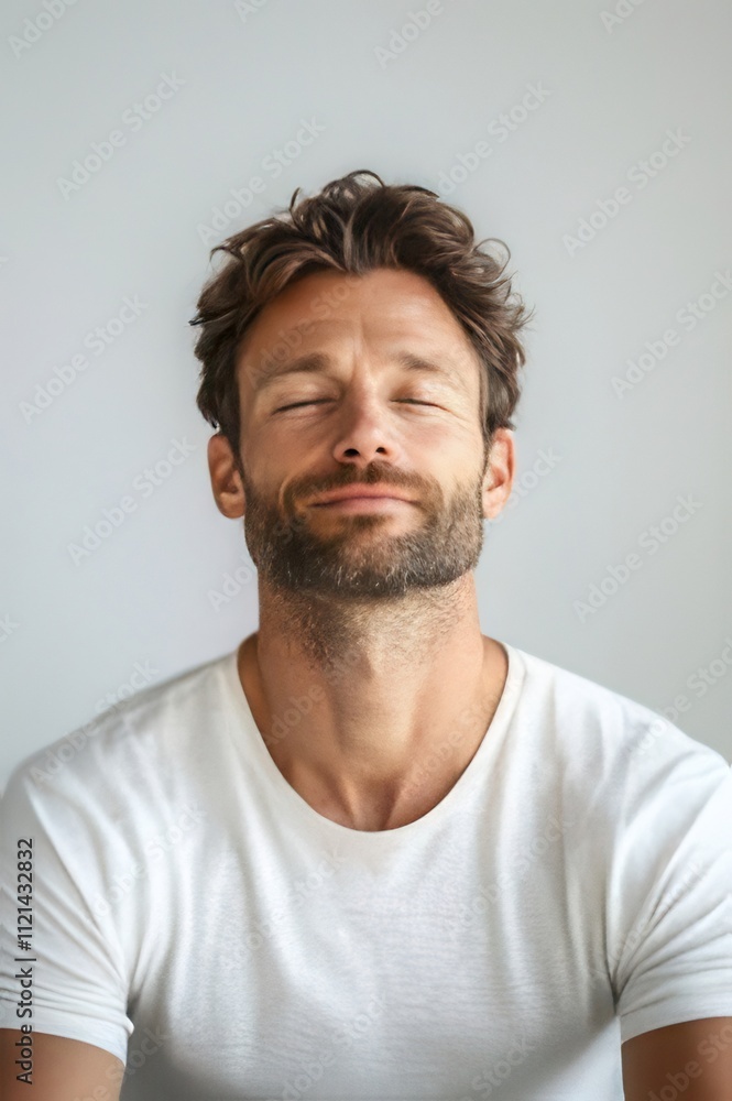 Serene man with eyes closed, peaceful expression, simple white t-shirt. Serene man with eyes closed, peaceful expression, simple white t-shirt.