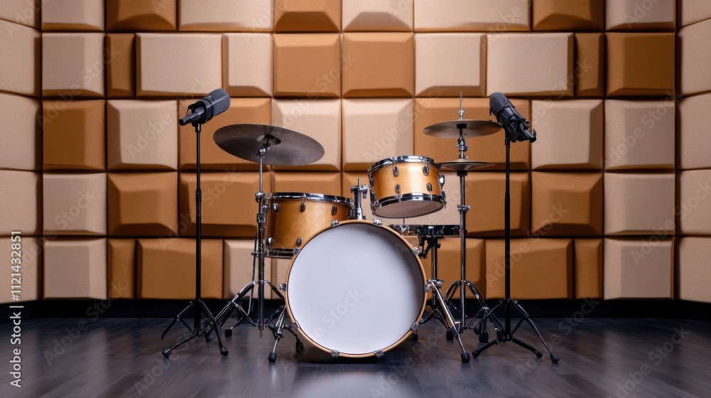 Obraz premium a drum kit set up in a professional recording studio, surrounded by microphones 