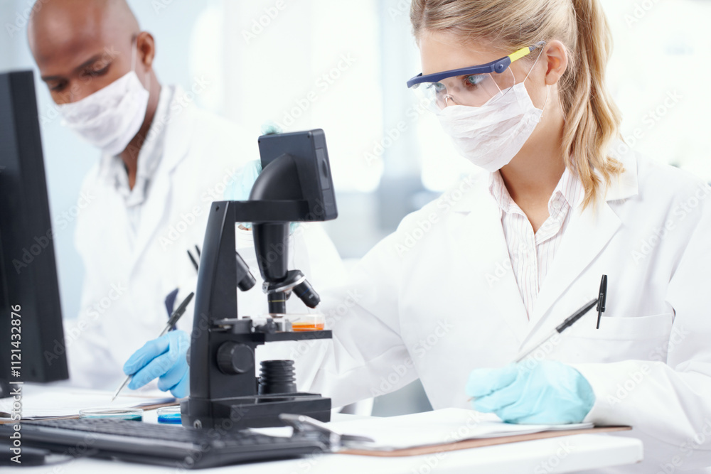 Science, man and woman in mask with microscope, study and technology in laboratory for research. Notes, scientist and medical team with biotech data, pharmaceutical innovation or vaccine development Science, man and woman in mask with microscope, study and technology in laboratory for research. Notes, scientist and medical team with biotech data, pharmaceutical innovation or vaccine development