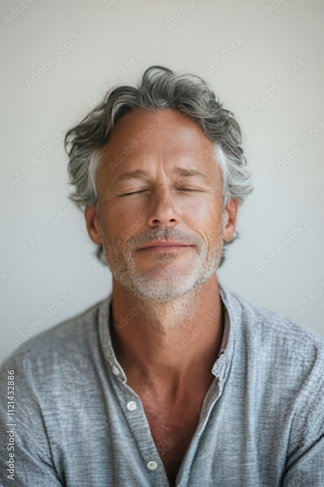 Serene middle-aged man with eyes closed, graying hair, peaceful expression. Serene middle-aged man with eyes closed, graying hair, peaceful expression.