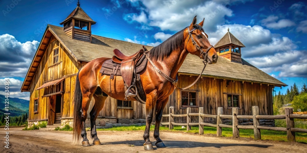 Horse with Leather Saddle in Western Riding Style on Vintage Ranch ...