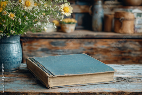 A vintage book rests on a rustic wooden table, next to a vase of wildflowers. Soft, muted colors create a calm and nostalgic mood.