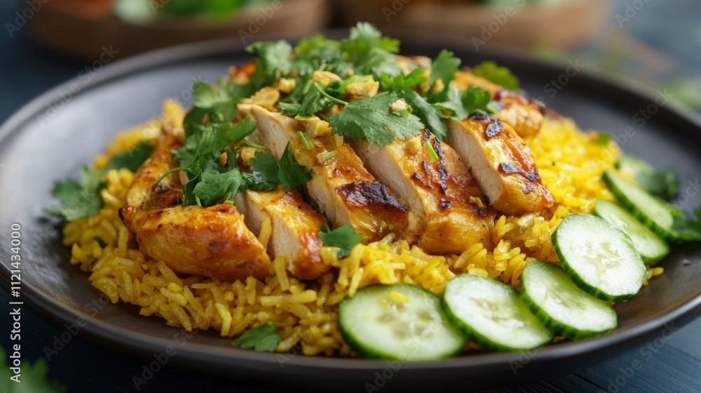 Grilled Chicken with Yellow Rice and Fresh Cucumber Slices Grilled Chicken with Yellow Rice and Fresh Cucumber Slices
