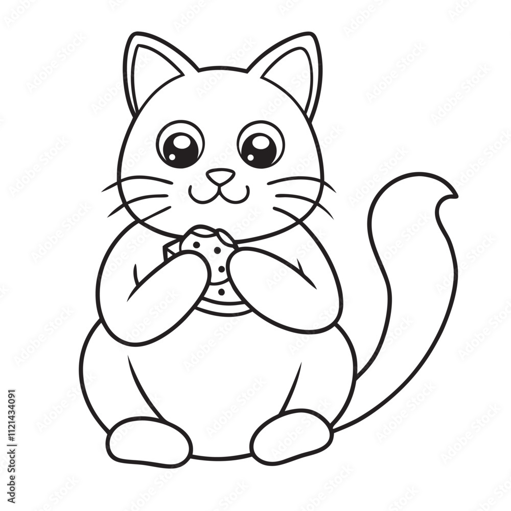 Fototapeta premium Adorable Cat Eating a Cookie Illustration in Black and White for Kids' Coloring Pages