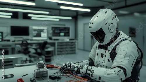 A professional technician repairing a robot in a futuristic tech lab, with wires and tools scattered on a workbench. Technician repairing robot.