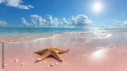 summer background with empty space for text, serene beach scene with a starfish on pink sand, under a clear, sunny sky, perfect for a tropical vacation theme.