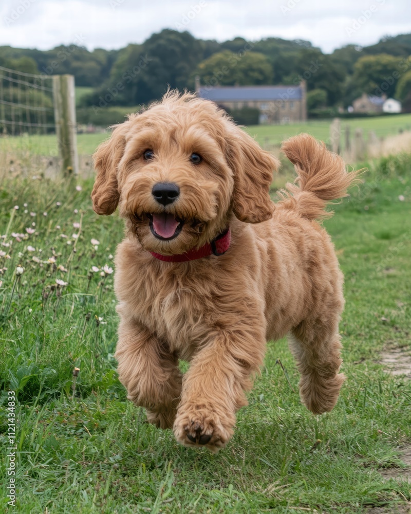 Happy Brown Puppy Running Joyfully in a Green Field Landscape Happy Brown Puppy Running Joyfully in a Green Field Landscape