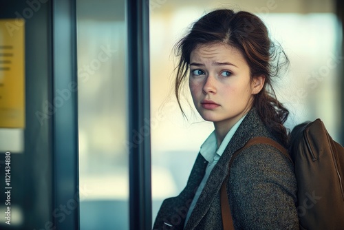 A young adult female walking out of an office building with a defeated expression, symbolizing the feeling of job interview rejection and failure. photo