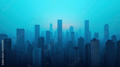 Blue-toned cityscape skyline at dawn or dusk, hazy atmospheric perspective.