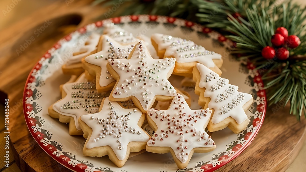 Sugar cookies shaped like stars, snowflakes, and trees, decorated with sparkling sprinkles and placed on holiday-themed platter Sugar cookies shaped like stars, snowflakes, and trees, decorated with sparkling sprinkles and placed on holiday-themed platter
