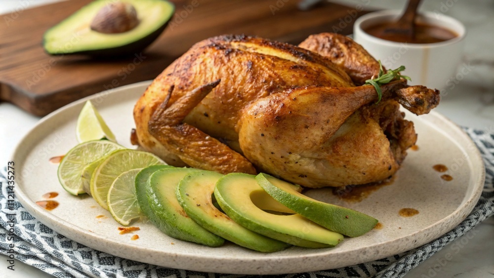 Whole roasted chicken served with sliced avocado and lime wedges on a plate. Whole roasted chicken served with sliced avocado and lime wedges on a plate.