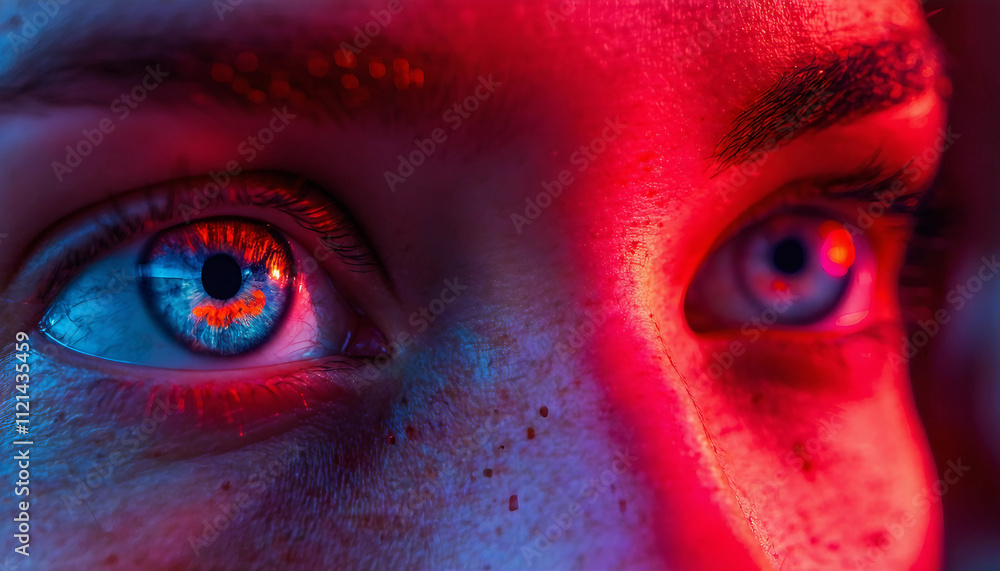 Naklejka premium Intense close up of eyes with vibrant red and blue lighting effects