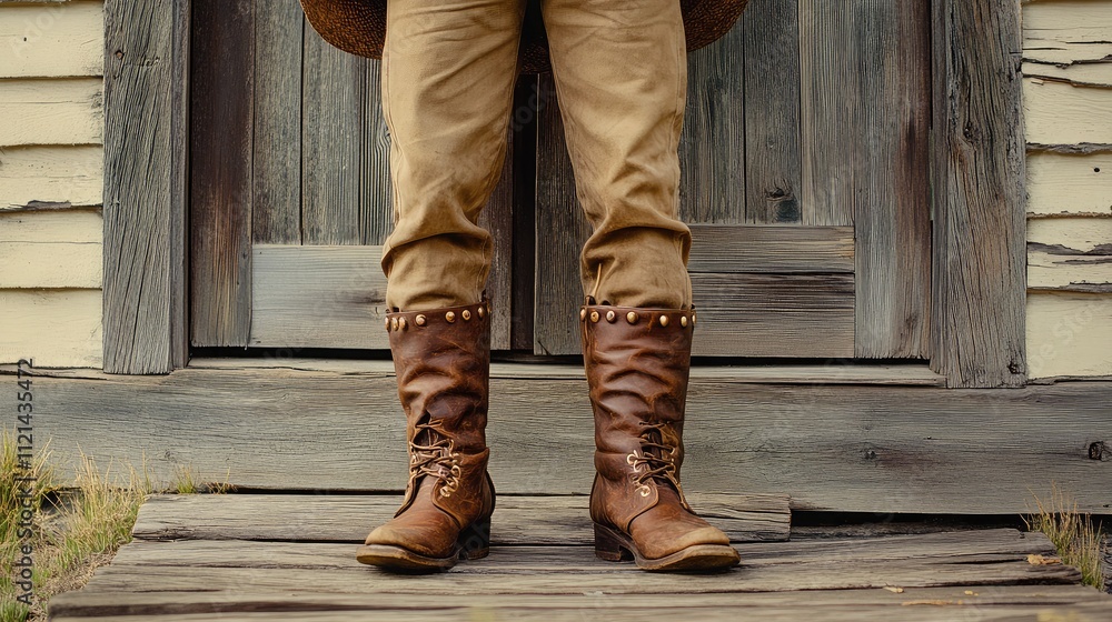Rustic Cowboy Boots and Khaki Pants Ready for Adventure in a Western-Style Wooden Setting, Emphasizing the Spirit of the Outdoors and Traditional Heritage Rustic Cowboy Boots and Khaki Pants Ready for Adventure in a Western-Style Wooden Setting, Emphasizing the Spirit of the Outdoors and Traditional Heritage