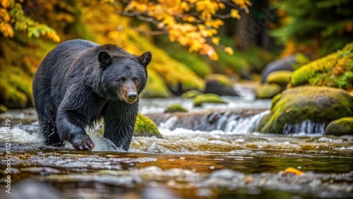 Minimalist Black Bear Salmon Fishing Great Bear Rainforest Fall British Columbia Canada Photography photo