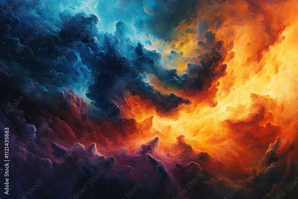 Abstract Cosmic Landscape with Fiery and Blue Nebulae Abstract Cosmic Landscape with Fiery and Blue Nebulae