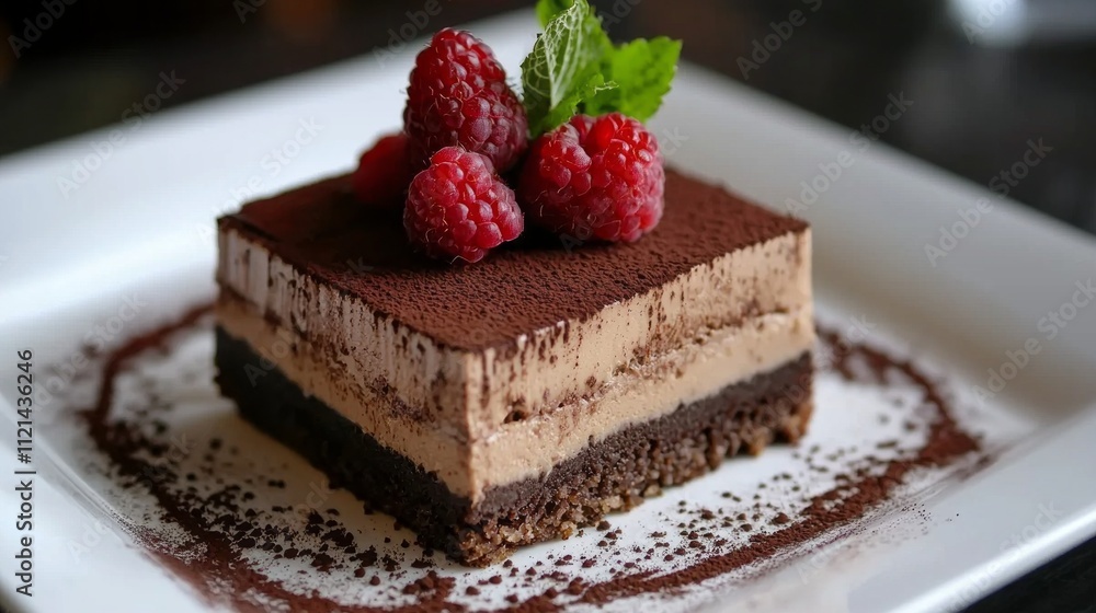 Enjoying a rich mocha mousse layered delight topped with vibrant raspberries and mint, a perfect treat on a warm day Enjoying a rich mocha mousse layered delight topped with vibrant raspberries and mint, a perfect treat on a warm day