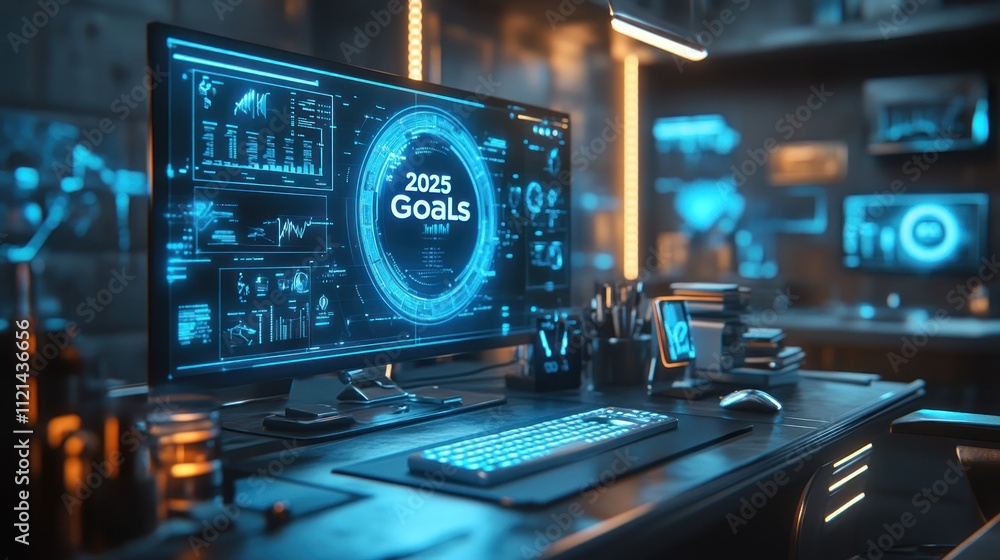 Obraz premium Futuristic Workspace with Holographic Vision Board