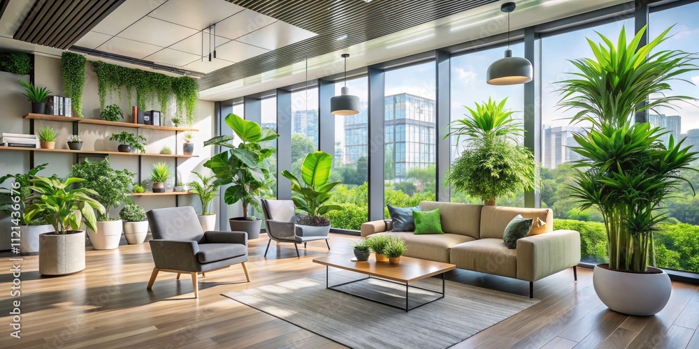 Fototapeta premium Modern Bright Room Interior with Lush Plants - Perfect for Home Decor, Interior Design Inspiration, and Greenery Aesthetics