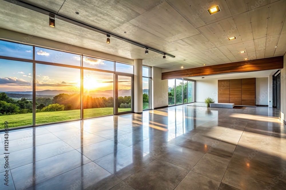Modern Empty Hallway with Nature View - Contemporary Interior Design, Concrete Floor, Plank Ceiling, Sunlight