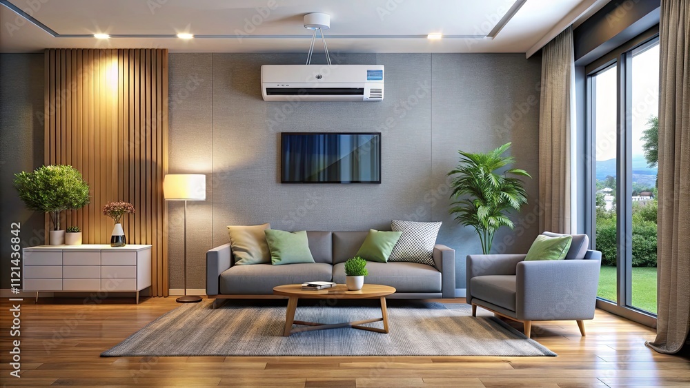 Modern Home Air Conditioner in Stylish Living Room Setting - Contemporary Interior Design, HVAC System, Comfort, and Home Decor Modern Home Air Conditioner in Stylish Living Room Setting - Contemporary Interior Design, HVAC System, Comfort, and Home Decor