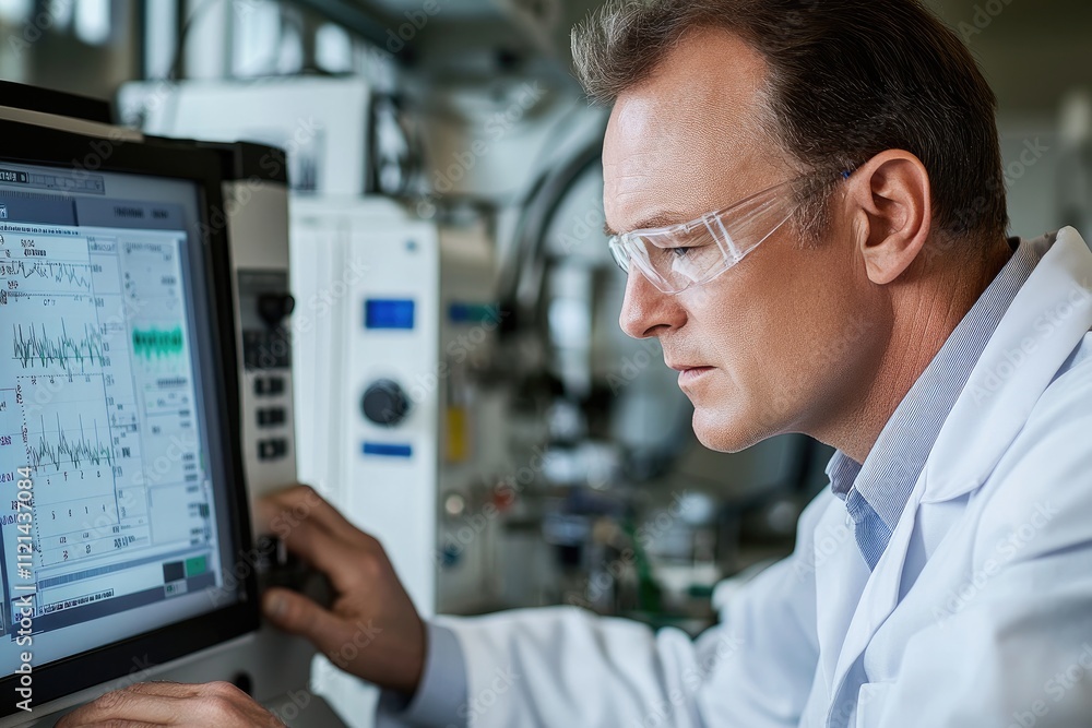 A mature man in a weather station wearing a lab coat, using an electronic instrument to collect data for a weather forecast. The display shows detailed information about A mature man in a weather station wearing a lab coat, using an electronic instrument to collect data for a weather forecast. The display shows detailed information about