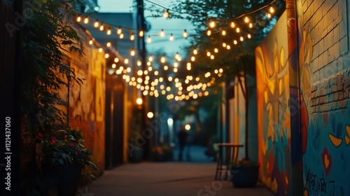 Evening string lights twinkle overhead in a cozy, mural-decorated alley, enveloping the scene in a warm, intimate glow filled with artistic charm.