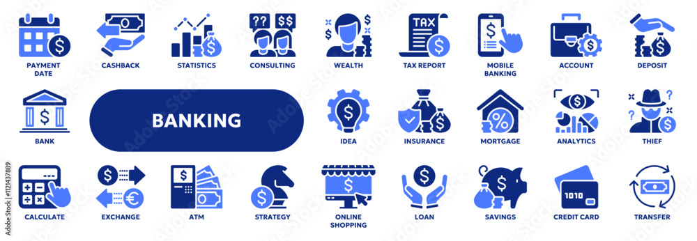 Set of vector solid icons related to banking and finance, money management, payment. Symbols for web or app ui, logo design, illustration Set of vector solid icons related to banking and finance, money management, payment. Symbols for web or app ui, logo design, illustration