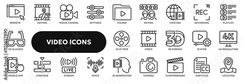 Set of vector line icons related to video recording, movie industry, internet live streaming. Symbols for website or app ui, logo design, illustration