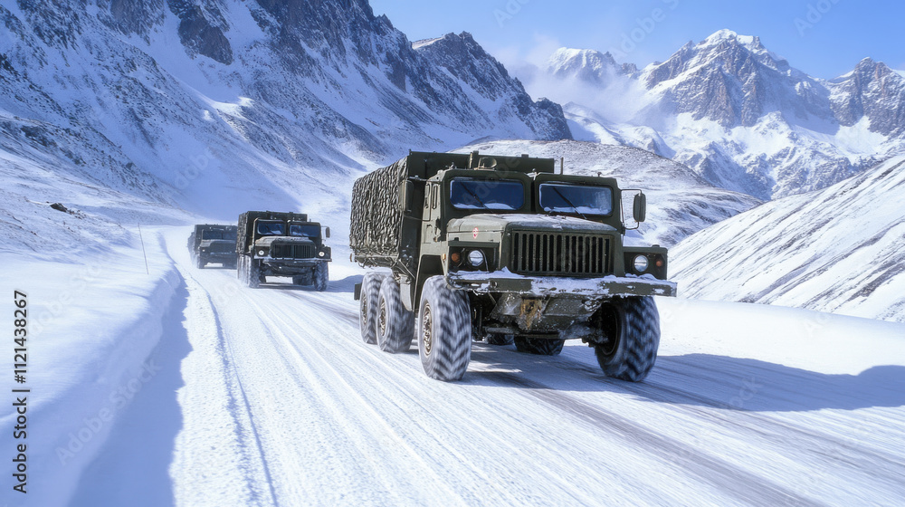 Army convoy traveling across snow covered mountain pass, showcasing military trucks navigating through stunning winter landscape. scene captures resilience and strength of convoy Army convoy traveling across snow covered mountain pass, showcasing military trucks navigating through stunning winter landscape. scene captures resilience and strength of convoy