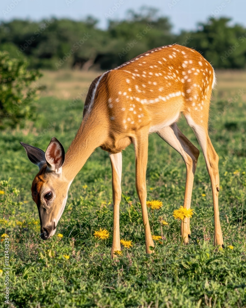 Young Fawn Grazing on Green Grass in a Sunny Meadow Setting Young Fawn Grazing on Green Grass in a Sunny Meadow Setting