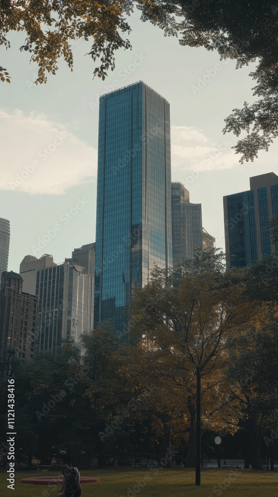 Fototapeta premium Towering Skyscrapers Among Autumn Foliage in City Park