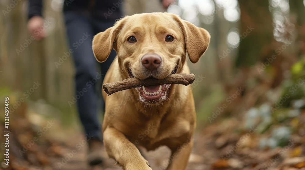 happy dog running toward its owner with stick in its mouth, enjoying playful moment in woods. scene captures joy of companionship and outdoor adventure happy dog running toward its owner with stick in its mouth, enjoying playful moment in woods. scene captures joy of companionship and outdoor adventure