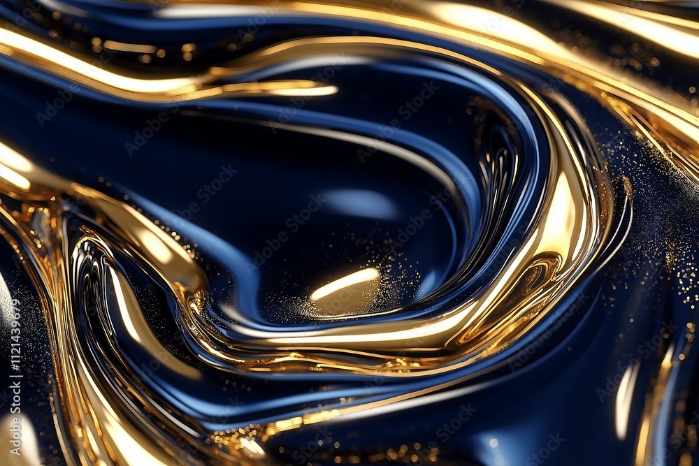 An abstract wave-like pattern in metallic gold and deep navy blue with shimmering effects An abstract wave-like pattern in metallic gold and deep navy blue with shimmering effects