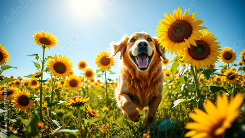 Beautiful Golden Retriever Running Through A Field Of Sunflowers