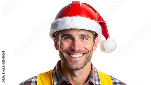 Smiling construction worker wearing a Santa hat, isolated on white background, celebrating Christmas and New Year, spreading festive cheer while working in the construction industry photo