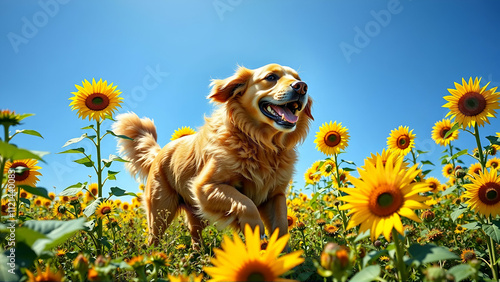 Beautiful Golden Retriever Running Through A Field Of Sunflowers
