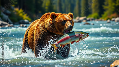 Grizzly Bear Catching Salmon In A Rushing River