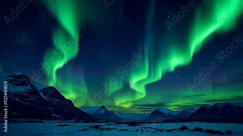 aurora borealis or northern lights visible in the night sky. This phenomenon occurs due to the interaction between charged particles from the sun and the earth's magnetic field, producing a beautiful 
