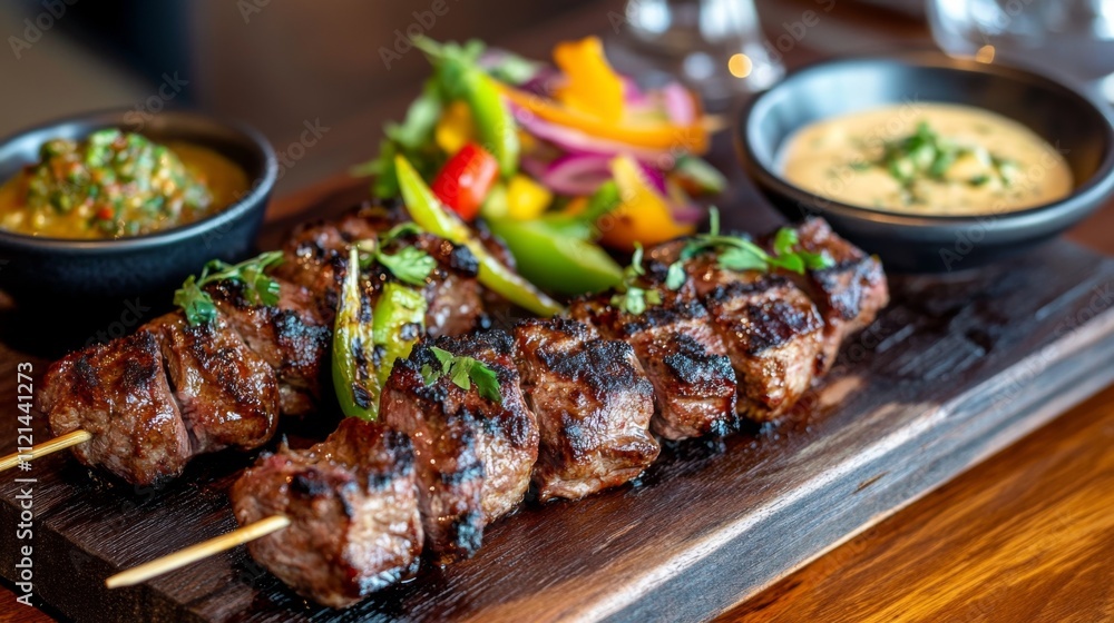 Grilled Meat Skewers with Colorful Salad and Dipping Sauces Grilled Meat Skewers with Colorful Salad and Dipping Sauces