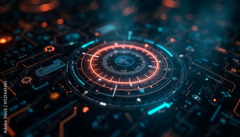 A futuristic digital interface with various holographic displays, glowing lines, and a central circular element resembling a technological device or mechanism. The background has a dark, moody atmosph A futuristic digital interface with various holographic displays, glowing lines, and a central circular element resembling a technological device or mechanism. The background has a dark, moody atmosph
