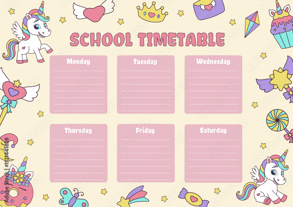 Unicorn school timetable. Timetable with magic elements and unicorns. Unicorn school timetable. Timetable with magic elements and unicorns.