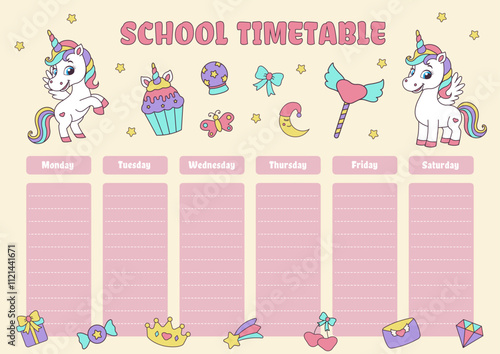 Unicorn school timetable. Timetable with magic elements and unicorns.