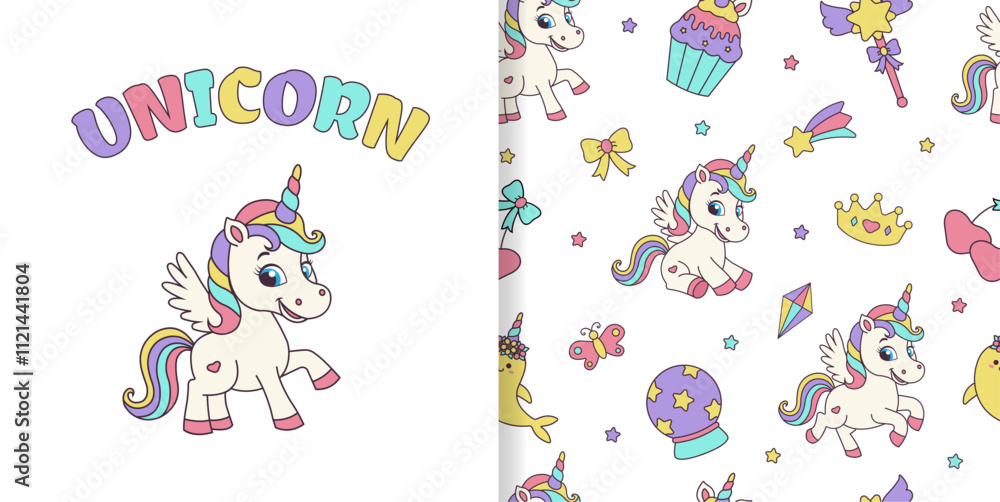 Fototapeta premium Unicorn seamless pattern. Seamless pattern with magic elements and unicorns.